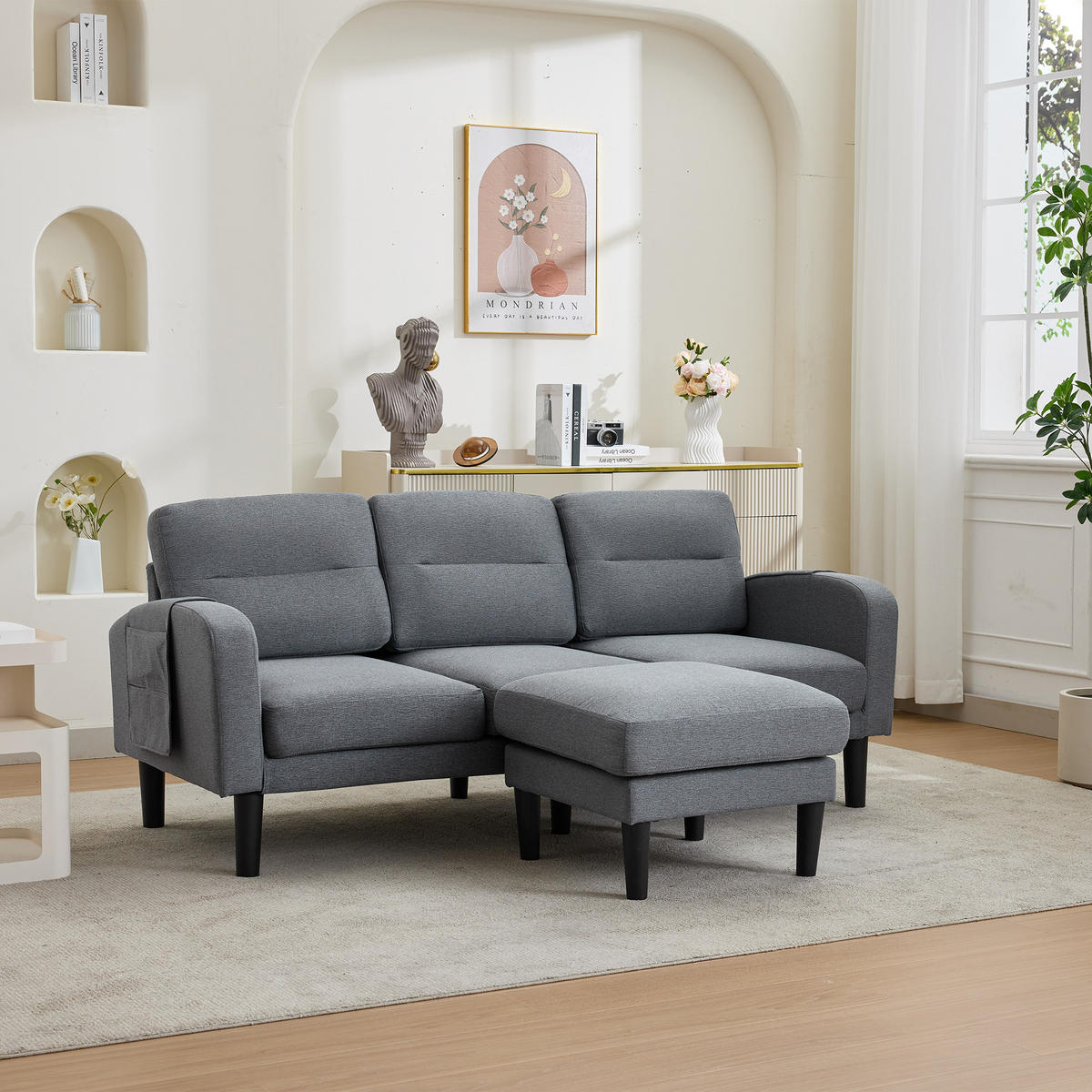 ECKSOFA L Form 3-Sitzer Chaiselongue Stauraum Tasche Grau 204cm - Grau, Textil (204/136cm) - FLIEKS