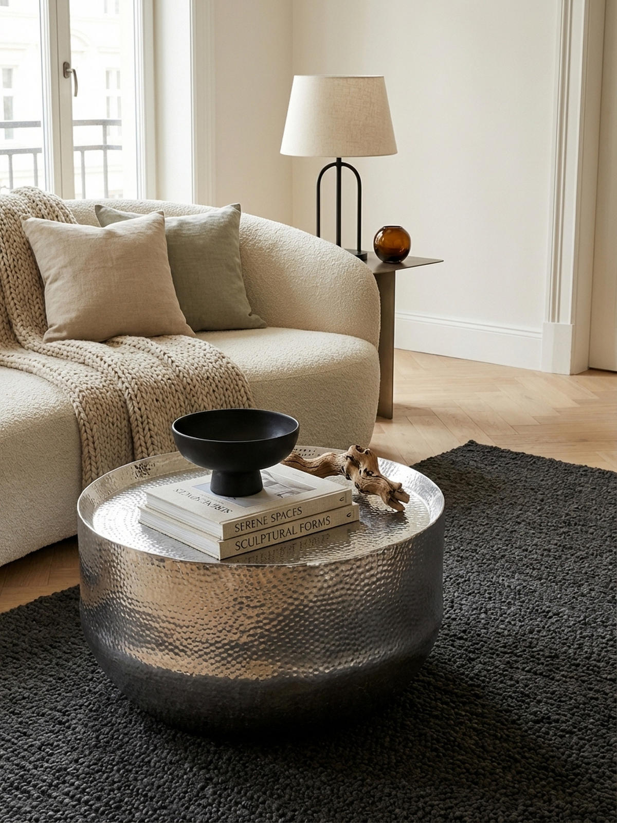 COUCHTISCH Orientalisch mit Hammerschlag-Struktur aus Aluminium und hohler Bauweise, Silber 60x60x35 cm - Silberfarben, Metall (60/60/35cm) - KADIMA DESIGN