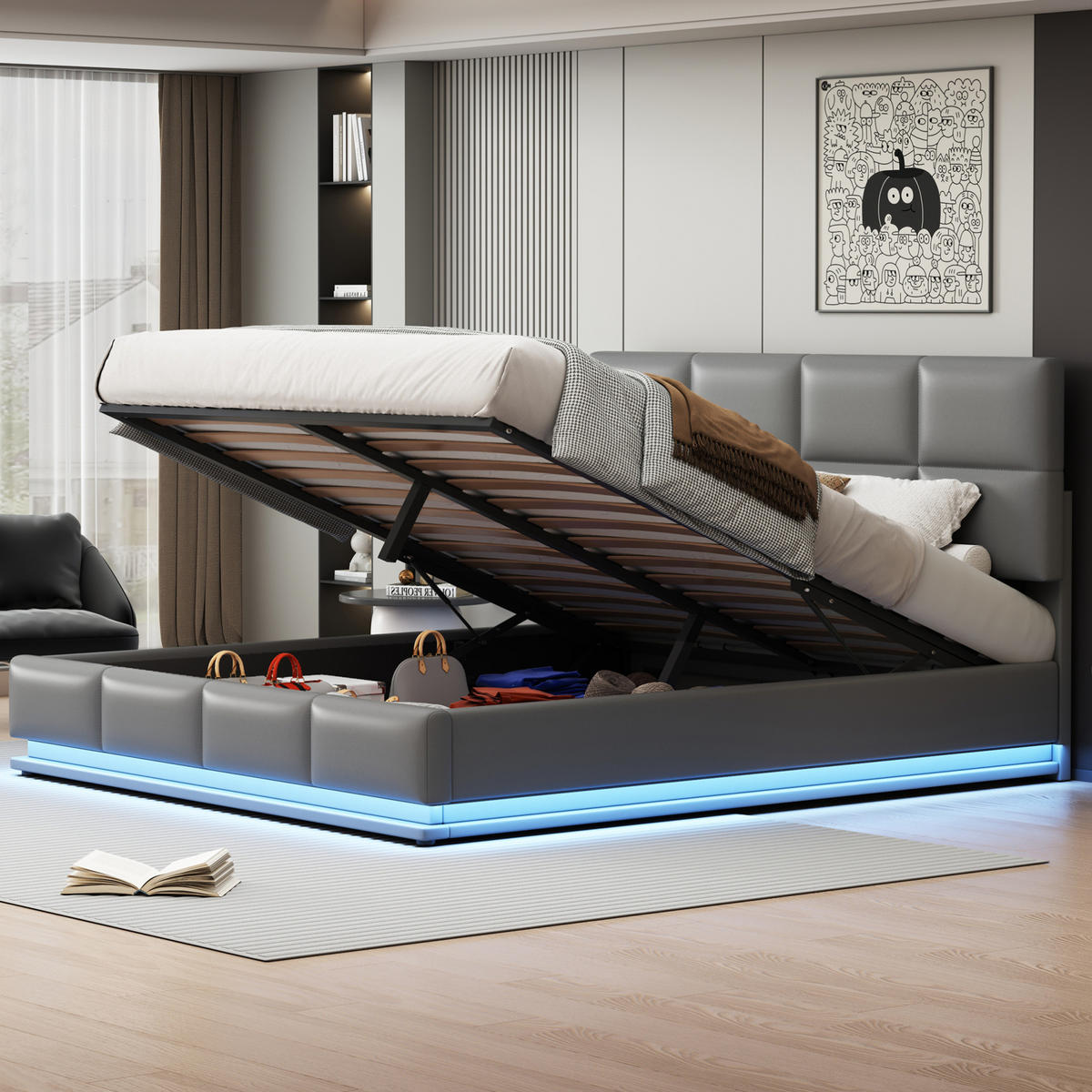 POLSTERBETT mit LED und Bettkasten 180x200 cm Kunstleder Cement Grey - Hellgrau, Metall (180/200cm) - Meubliv
