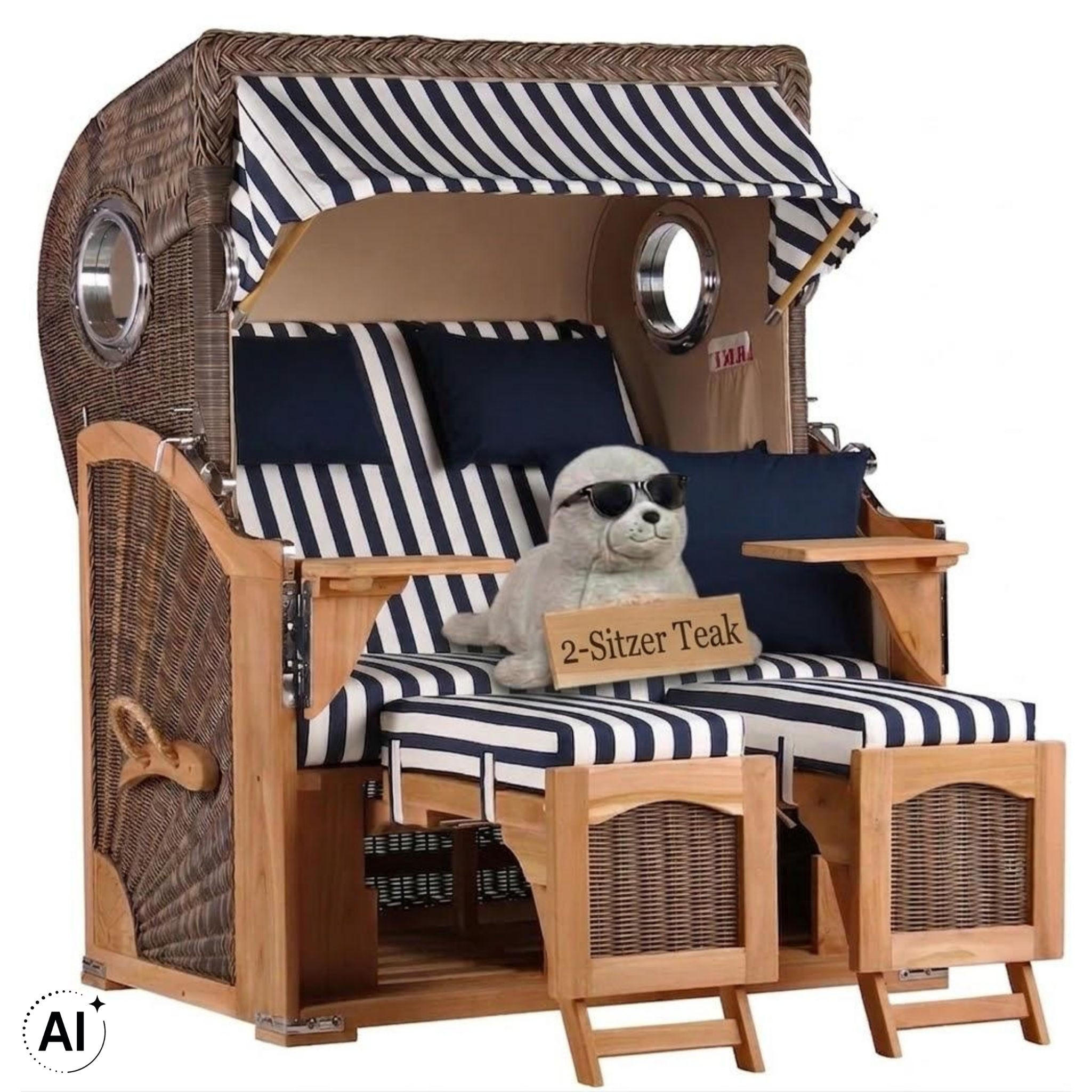 STRANDKORB Düne 2 Sitzer Teak PE Grey - Blau/Braun, Holz/Metall (125/170/80cm) - Mr. Deko