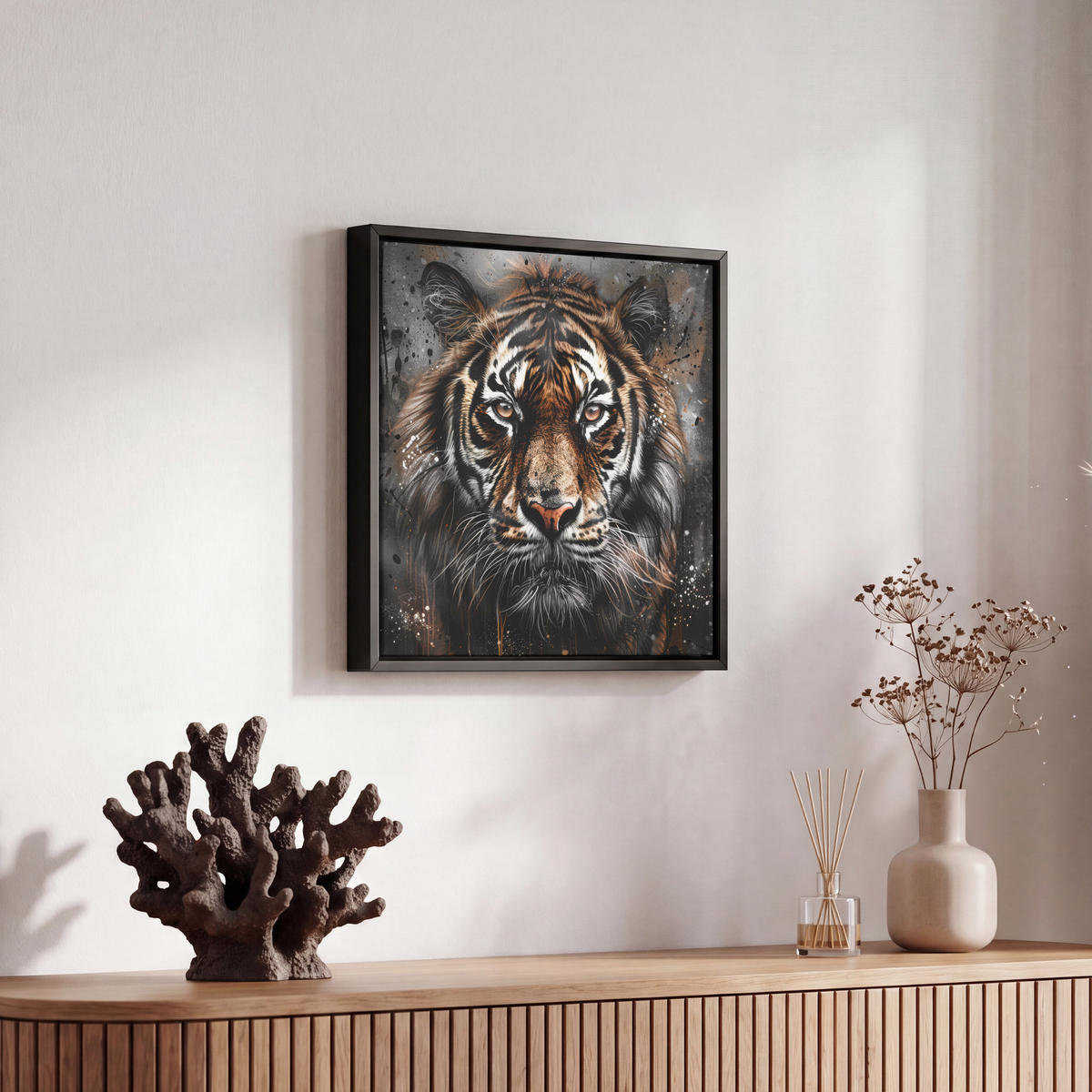 LEINWAND Bilder mit Rahmen - Tiger - Tiere - Porträt - Luxus - Schwarz - 20x20 - Braun, Textil (20/20cm) - MuchoWow