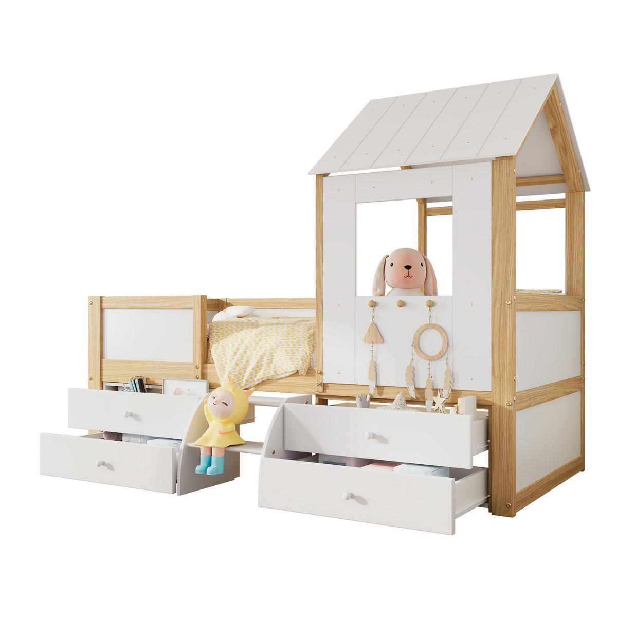 HAUSBETT 90/200 cm Weiß+Natur mit Dach und Fenster aus Kiefer und MDF - Weiß, Holzwerkstoff (90/200cm) - OKWISH