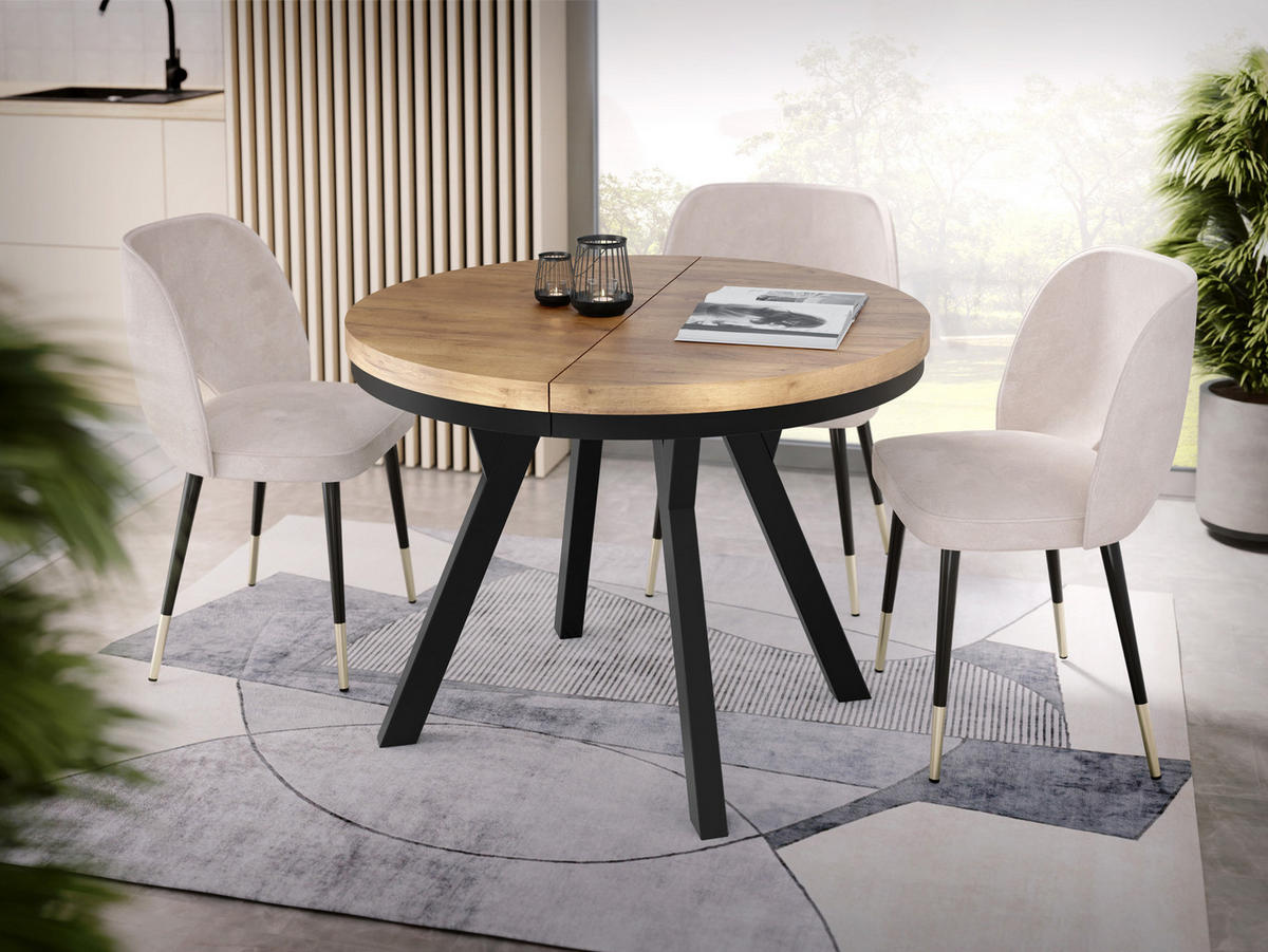 ESSTISCH Lume runder ausziehbarer, Wotan Eiche 100-150/100/76 cm - Eiche Wotan/Schwarz, Holz/Holzwerkstoff (100/100/76cm) - WFL GROUP