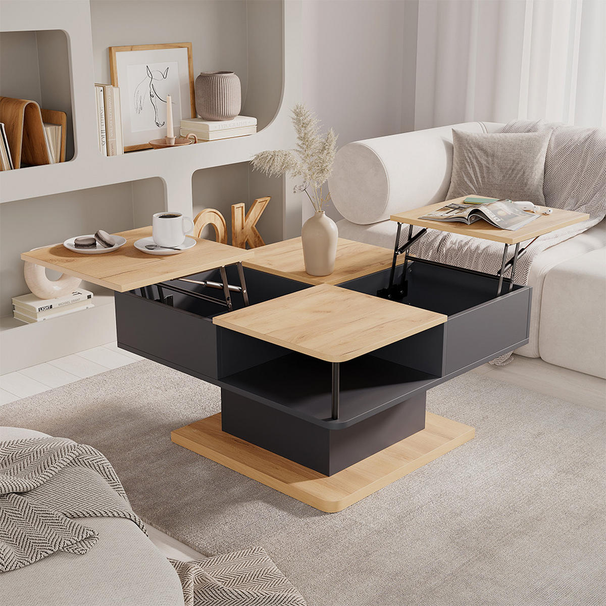 COUCHTISCH Movira Anthrazit 80 x 45 cm mit Staufächern - Honigeiche/Anthrazit, Holzwerkstoff (45/80/80cm) - Vicco