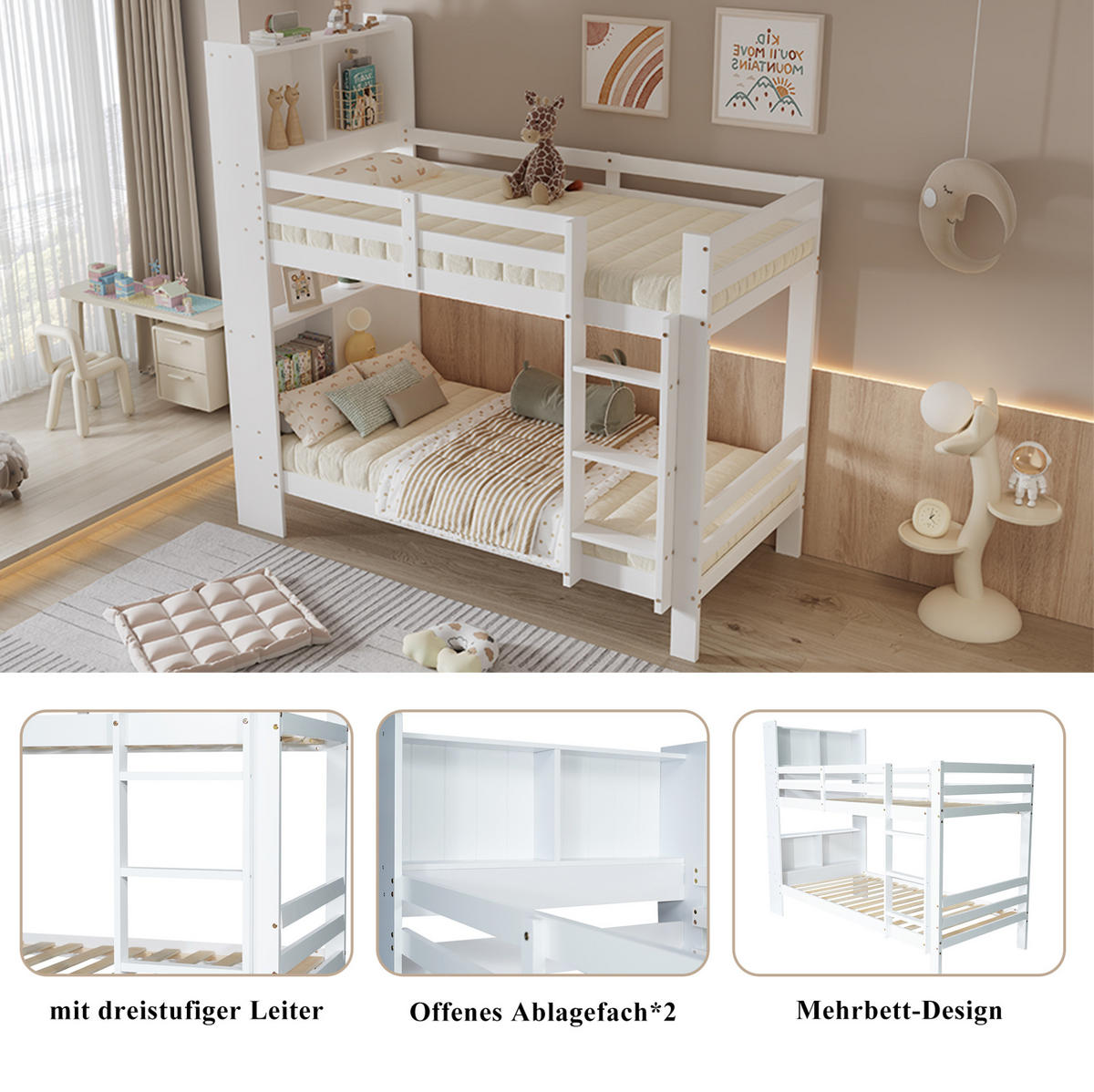 ETAGENBETT 90/200 cm mit Kopfregalen und rechtwinkliger Leiter und MDF, Weiß - Weiß, Holzwerkstoff (90/200cm) - Redom