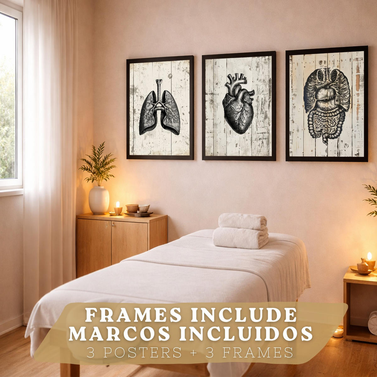 POSTER Set aus 3 Anatomie Mensch Drucke und Wandbilder mit Lungen Darm und Herz Rustikaler Stil Medizinische Wanddekoration Größe Schwarzer Rahmen A4 - Schwarz, Papier (21/29.7/3cm) - Nacnic