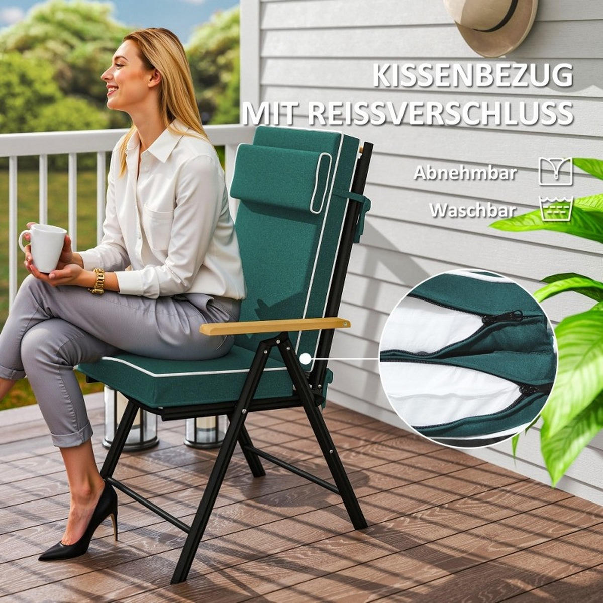 SESSELAUFLAGEN aus Polyester 120x47x9,5 cm in Grün mit Kopfstütze - Grün, Textil (47/9.5/120cm) - Modfu