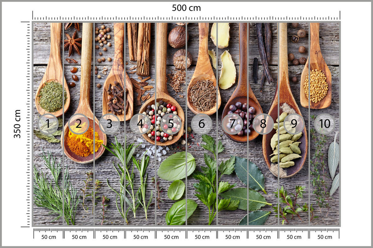 FOTOTAPETE Kräuter und Gewürze auf einem Brett 500x350 - Gelb/Beige, Papier (500/350cm) - Muralo