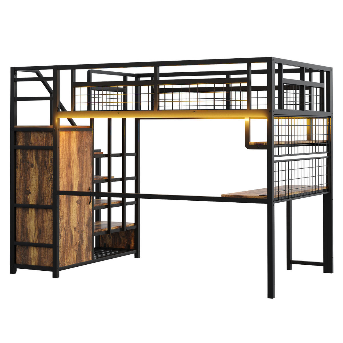 HOCHBETT 140/200 cm DE-01675, in Schwarz, mit Lichtleiste, Steckdose, Stauraumleiter und Schreibtisch - Schwarz, Metall (140/200cm) - ComfortXL