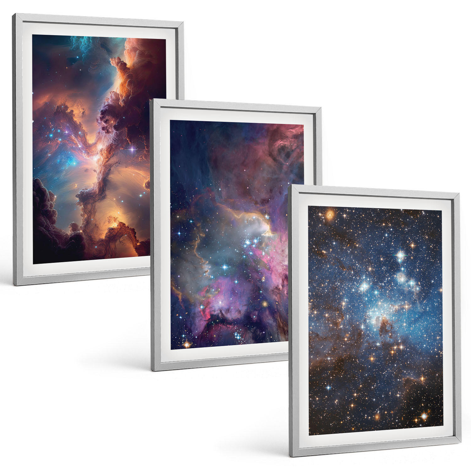 BILDER SET 3er Set - 40x60 cm Silberner Rahmen - Kosmische Sternenlandschaften - Silberfarben, Kunststoff (40/60cm) - TULUP
