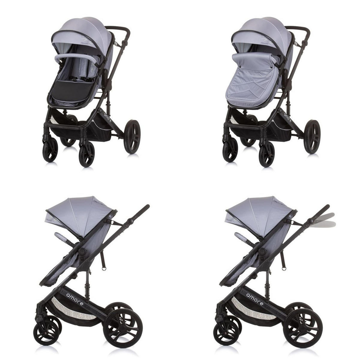 KOMBIKINDERWAGEN 2 in 1 Amore grau Getränkehalter Wickeltasche Fußabdeckung Korb - Grau, Metall (95/63/105cm) - Chipolino