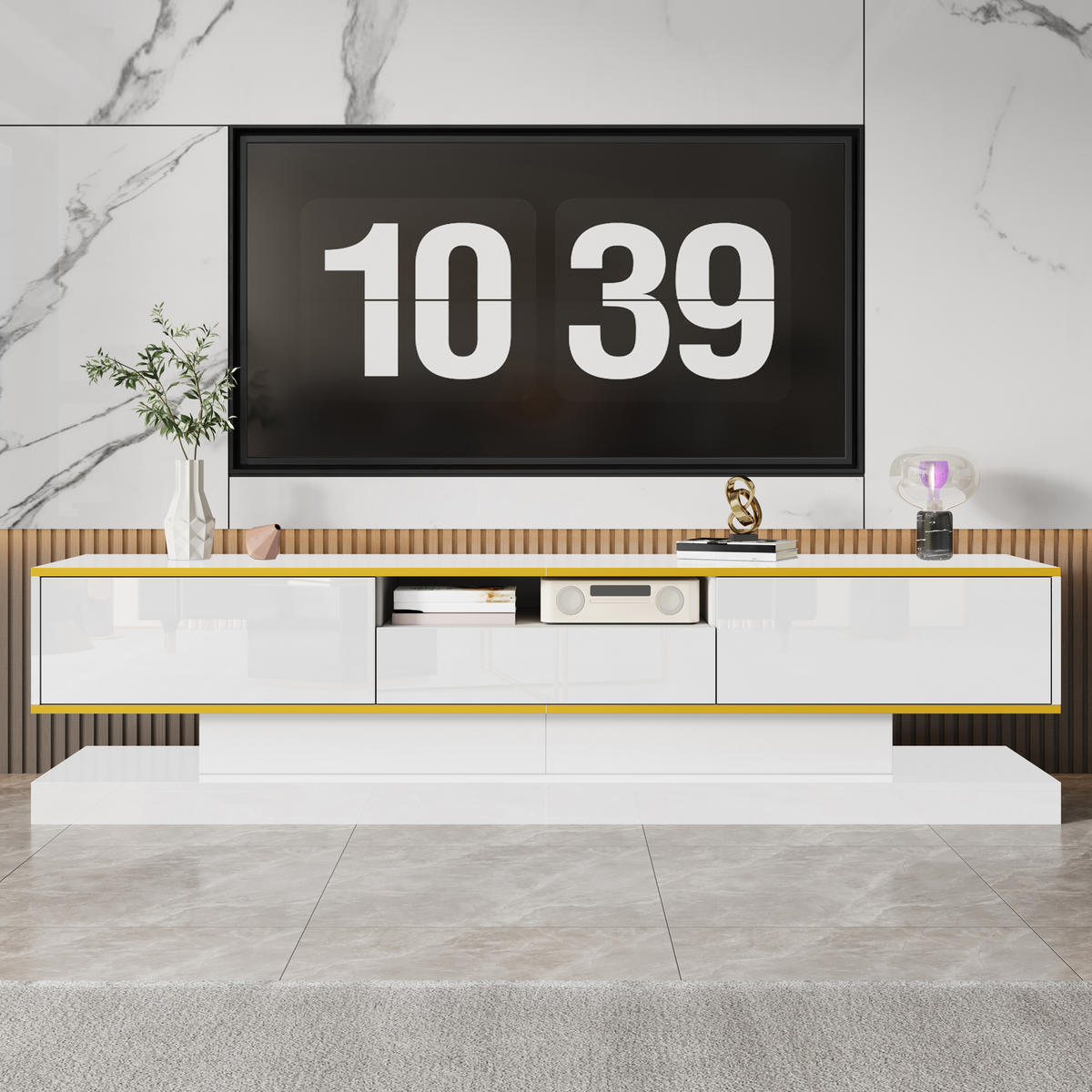 TV-ELEMENT180X38X45CM Weiß-Hochglanz mit LED-Beleuchtung und 3 Schubladen - Weiß, Holz (44.45/20.96/78.74cm) - Raelunyi
