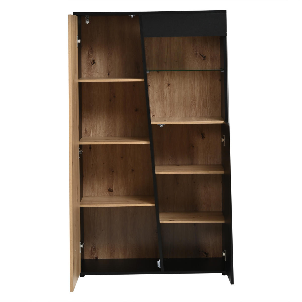 VITRINENSCHRANK 80/35/139,5 cm mit LED, Glastüren und verstellbaren Glasböden in Schwarz-Naturholzoptik - Schwarz/Naturfarben, Glas/Holzwerkstoff (80/139.5/35cm) - CHICFURN