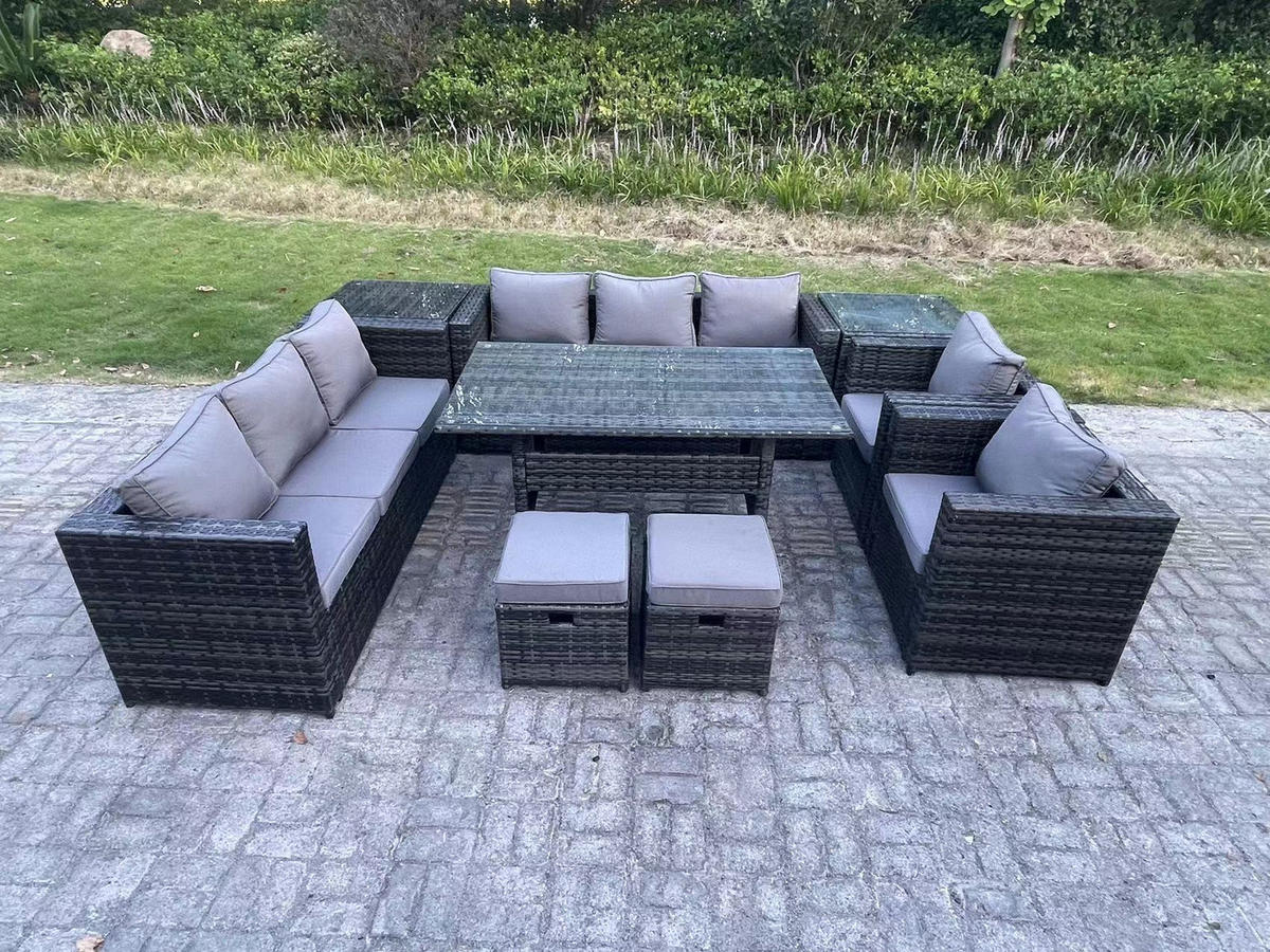 SITZGRUPPE mit Beistelltisch,Hockern Polyrattan Dunkelgrau 10-Sitzer - Dunkelgrau/Grau, Glas/Kunststoff - Fimous