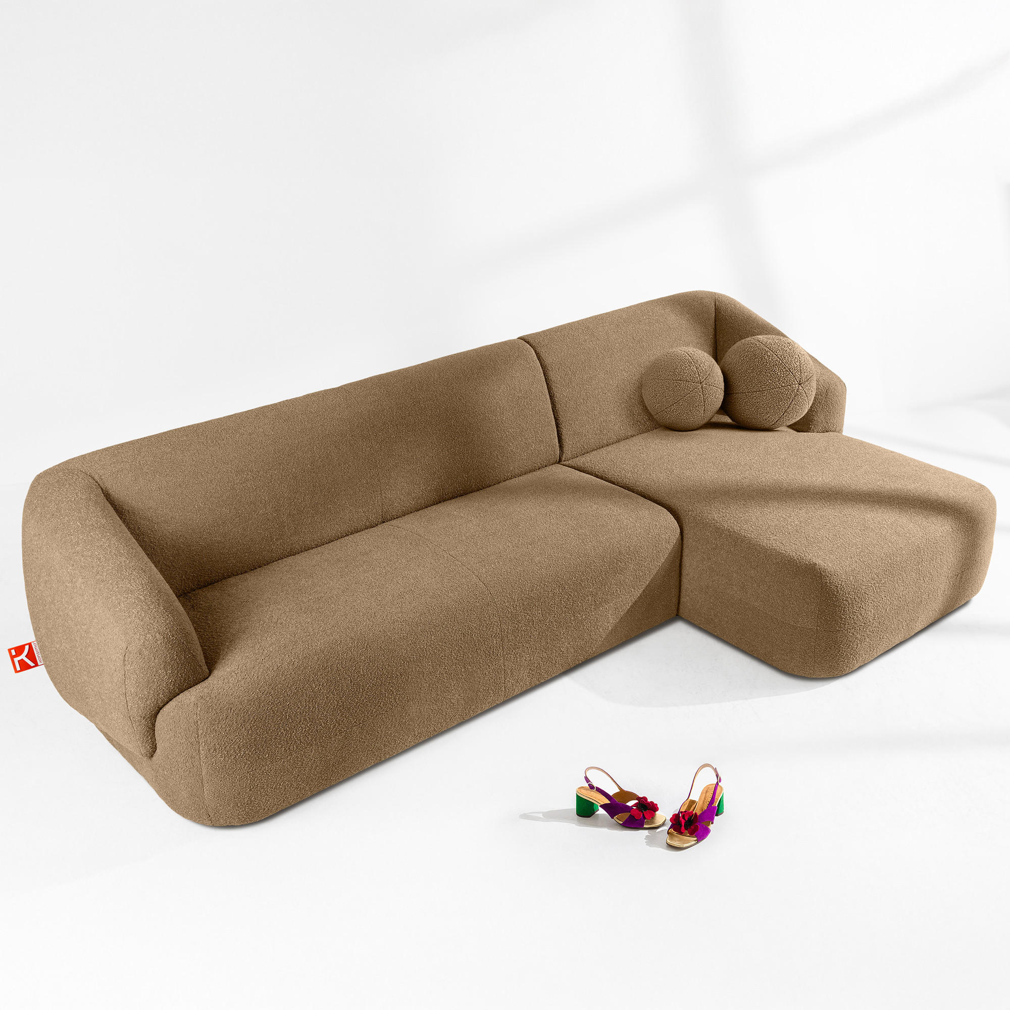 ECKSOFA RECHTS VIRA, Dunkelbeige, Bouclé - Schwarz/Braun, Holz/Holzwerkstoff (300/160cm) - KONSIMO®