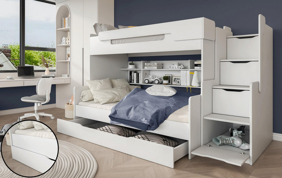 ETAGENBETT HARRY 260x129 cm – Stockbett für 2 Personen mit Treppe, Stauraum und 2 Matratzen - Weiß, Holz (120/200cm) - Wohnideebilder