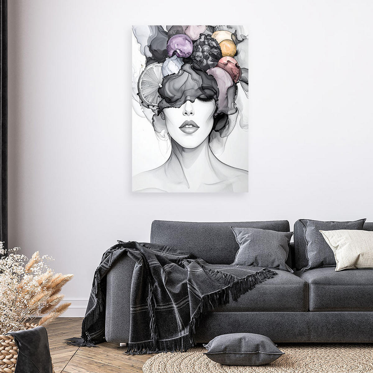 LEINWANDBILD Frau mit Früchten auf dem Kopf 70x100cm - Grau, Textil (70/100cm) - Feeby