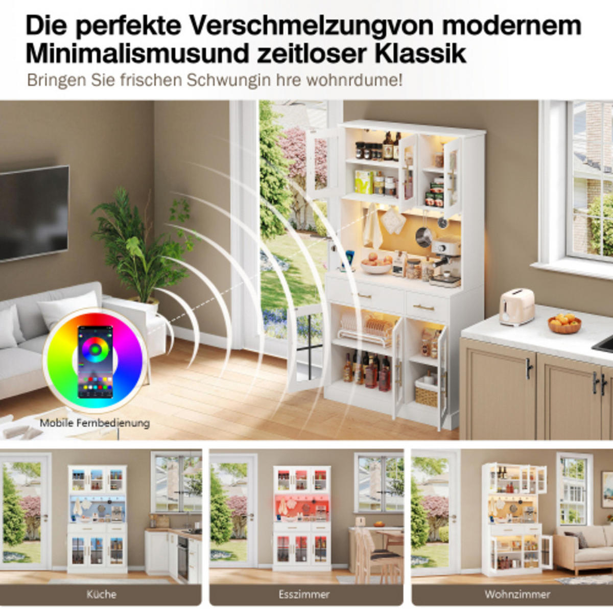 KÜCHENHOCHSCHRANK weiß aus MDF mit App-LED-Beleuchtung und ESG-Glastüren 100×40×180 cm - Weiß, Holzwerkstoff (100/180/40cm) - Luhomfu