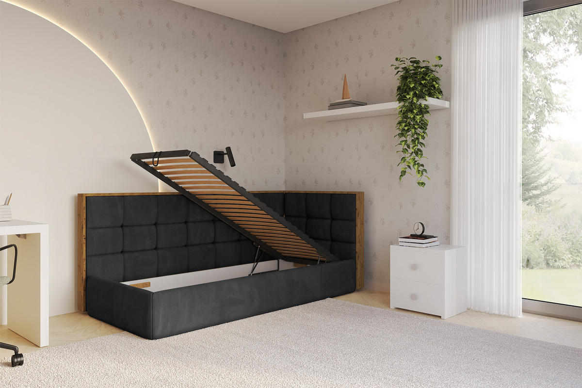 EINZELLBETT Jugendbett mit Bettkasten und Matratze H3/H4, Links - SOVY 90x200 Schwarz - Schwarz, Holzwerkstoff/Textil (90/200cm) - ALTDECOR