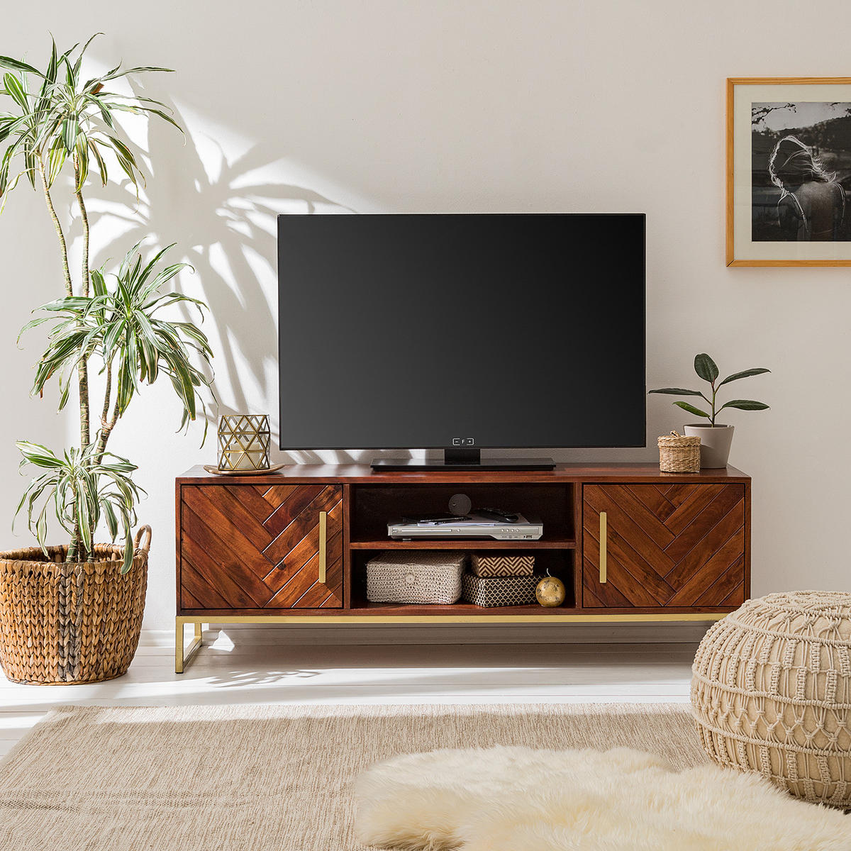 TV-LOWBOARD - Akazie massiv / Eisen - Goldfarben/Akaziefarben, Holz (150/50/39cm) - home24