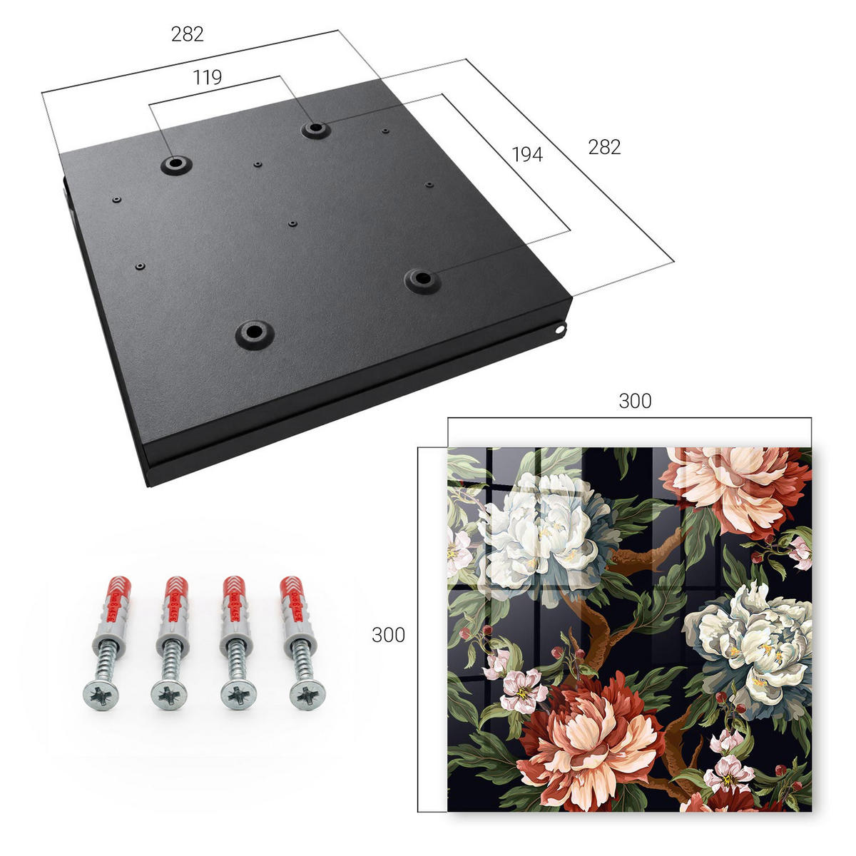 SCHLÜSSELBOX Schwarz 30x30 cm- Türöffnung nach rechts - Blumen der Natur - Grün, Metall (30/30/5cm) - TULUP
