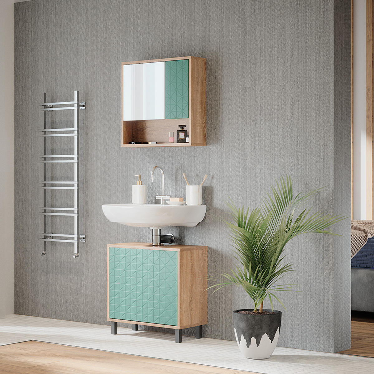 KOUPELNOVÁ ZRCADLOVÁ SKŘÍŇKA Agasta Mátově zelená - Sonoma dub/mátově zelená, kompozitní dřevo (54/53/16cm) - Vicco