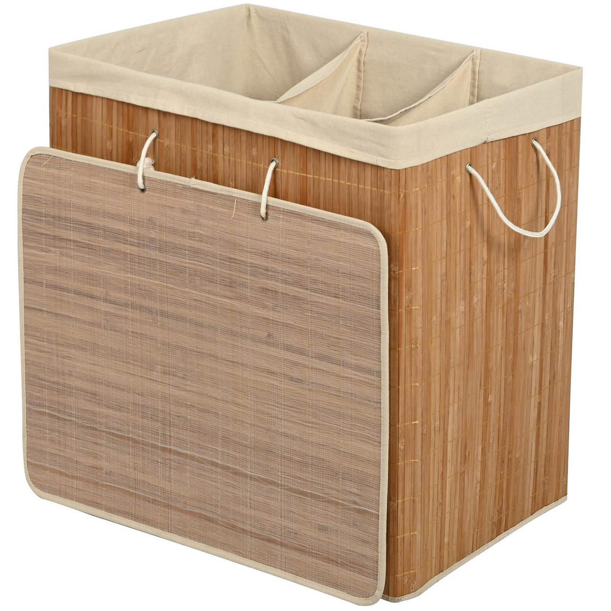 WÄSCHEKORB Bambus Textil Naturfarben Beige 3-Fächer 60x40x61,5 cm - Beige/Naturfarben, Holz/Textil (60/61.5/40cm) - Begryf