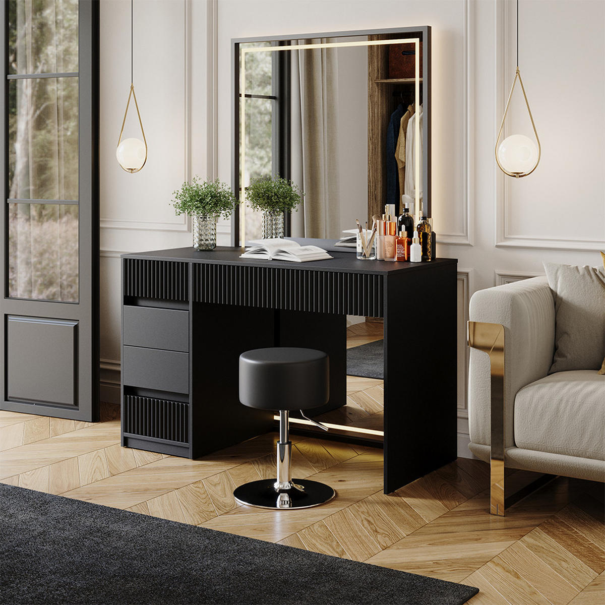 SCHMINKTISCH Omira Schwarz 120 cm mit Hocker - Schwarz, Holzwerkstoff (120/76/55cm) - Vicco