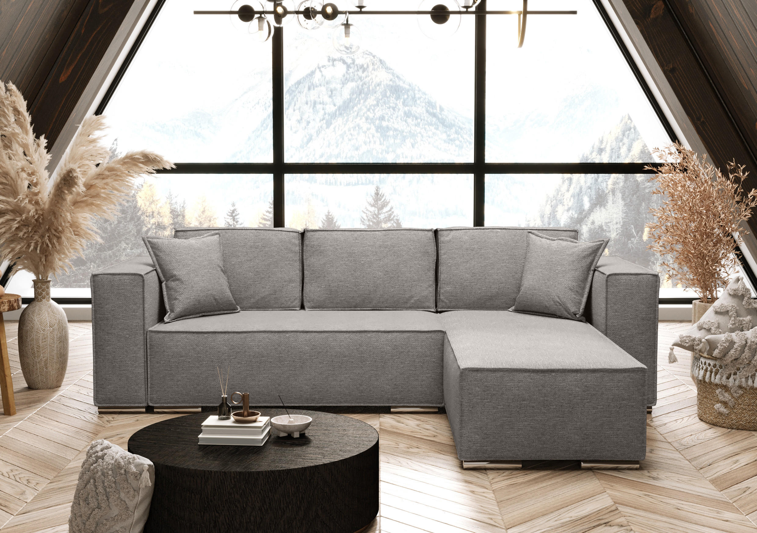 ECKSOFA L Form Vinoria Hellgrau 255/180/82 cm Rechts mit Schlaffunktion - Chromfarben/Hellgrau, Textil/Metall (255/180cm) - AX Living