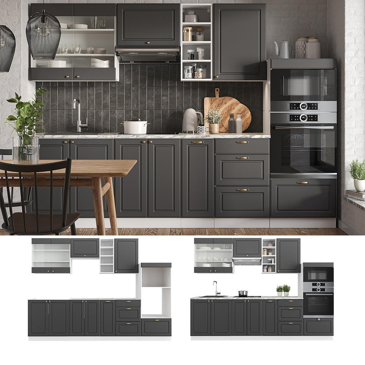 KÜCHENZEILE Fame-Line Anthrazit-Gold/Weiß 280 cm , AP Anthrazit - Anthrazit/Weiß, Holzwerkstoff (280/81.6/60cm) - Vicco