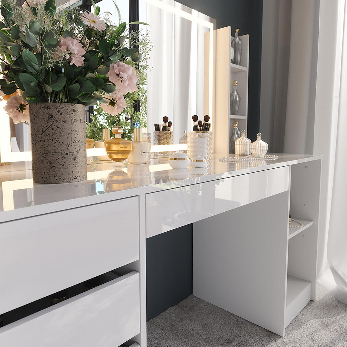 SCHMINKTISCH Sherry Weiß/Weiß Hochglanz 158.2 cm 4 Teile - Weiß Hochglanz, Holzwerkstoff (158.2/76/50.1cm) - Vicco