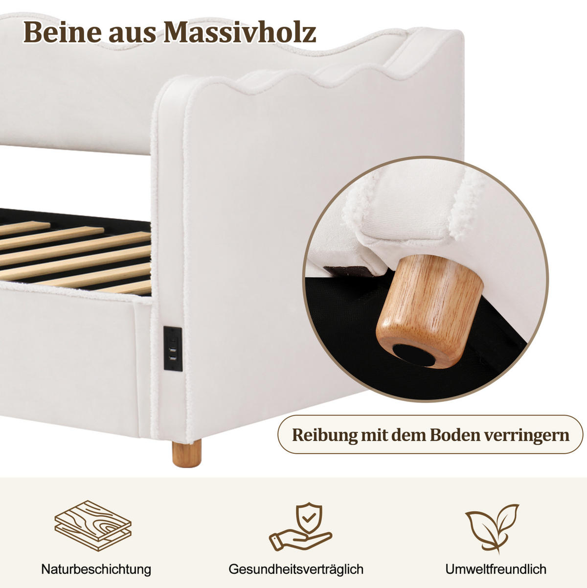 KINDERBETT 90/200 cm mit hydraulischem Stauraum, USB- und Type-C-Anschluss, Samtbezug, Beige - Beige, Textil (90/200cm) - Redom