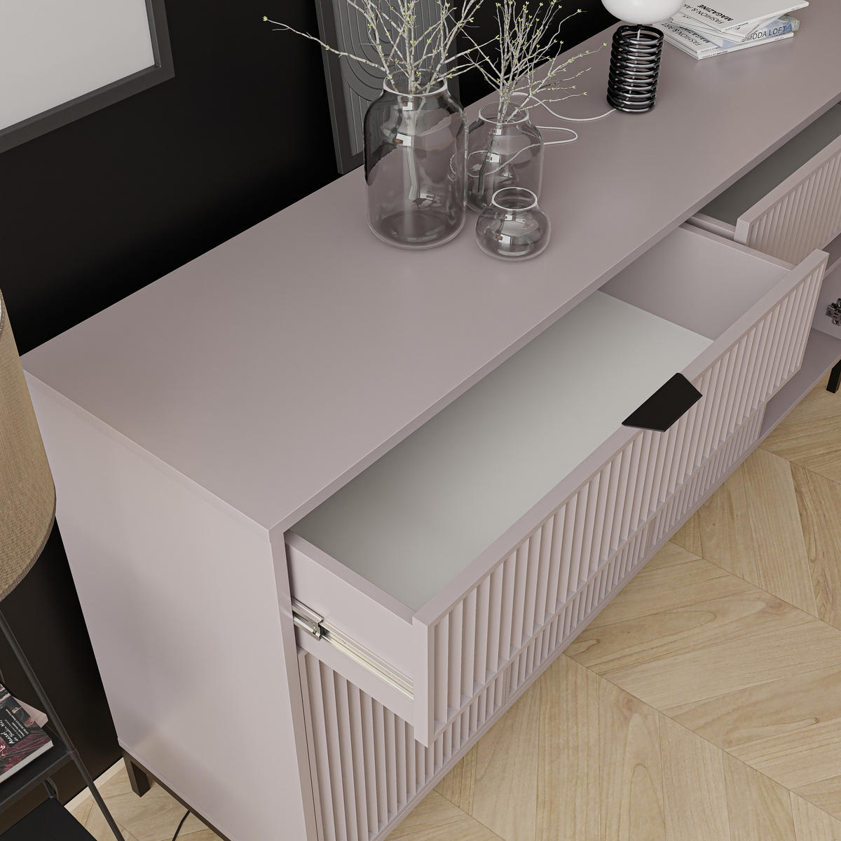 KOMMODE mit 2 Schubladen und 4 Türen, Beige - Kaschmir/Schwarz, Holzwerkstoff/Metall (165.3/86/40.6cm) - Idohome