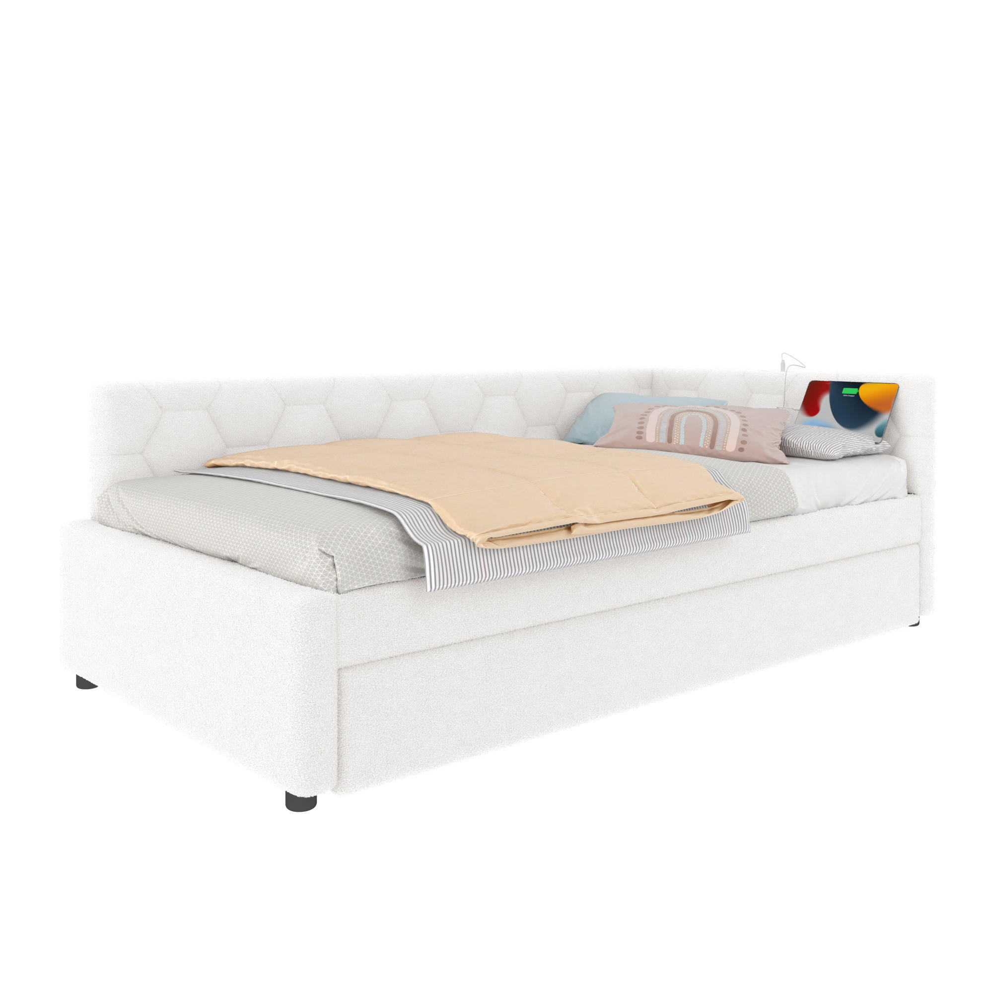 POLSTERBETT 90/200 cm Weiß aus Boucle mit Ausziehbett - Weiß, Textil (90/200cm) - OKMYHOME