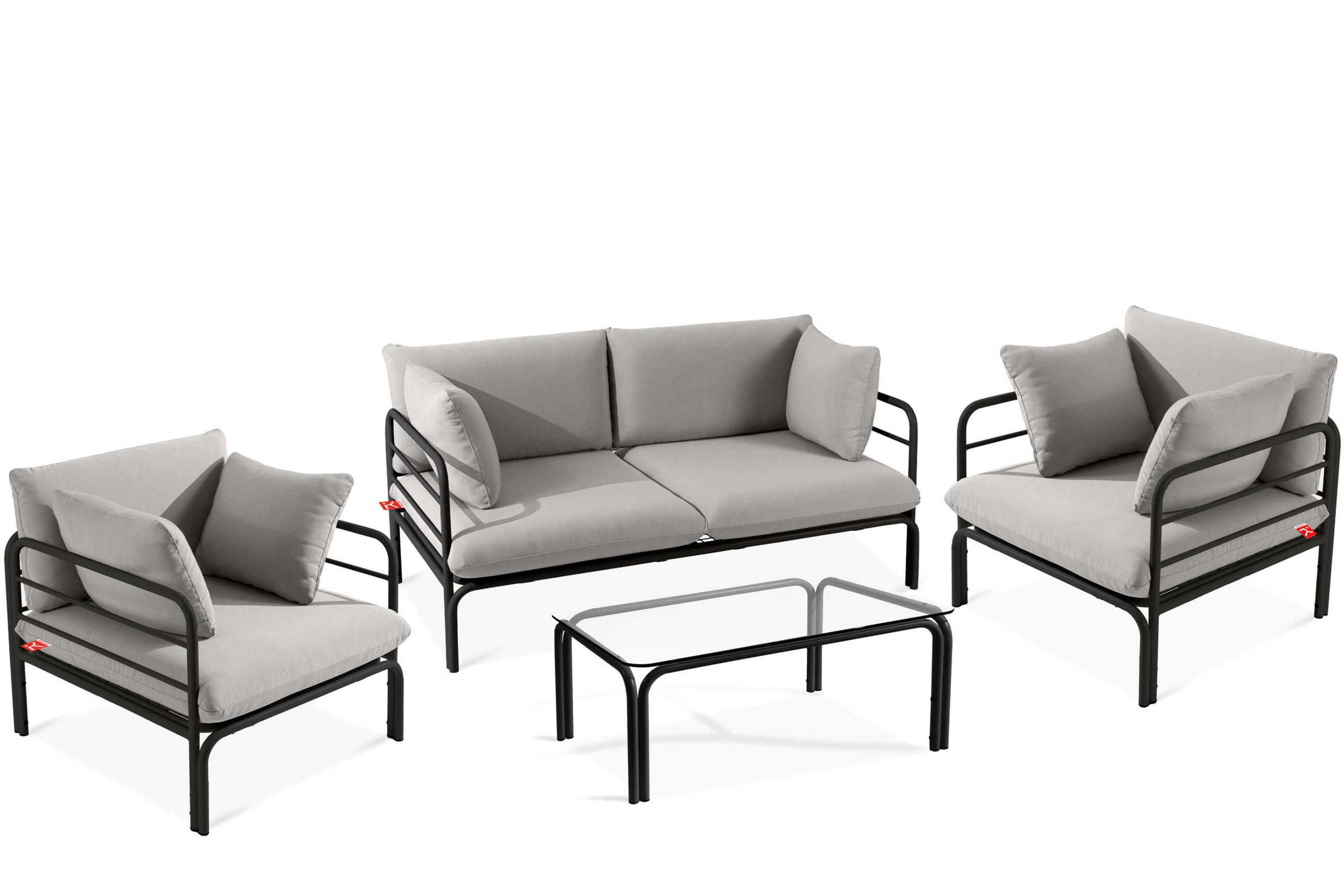 GARTENMÖBELSET RAMBE 4-tlg. 1x Tisch 2x Sessel 1x Sofa 2-Sitzer, mit Kissen, LOFT-STIL, Anthrazit/Hellgrau - Dunkelgrau/Hellgrau, Textil/Metall - KONSIMO®