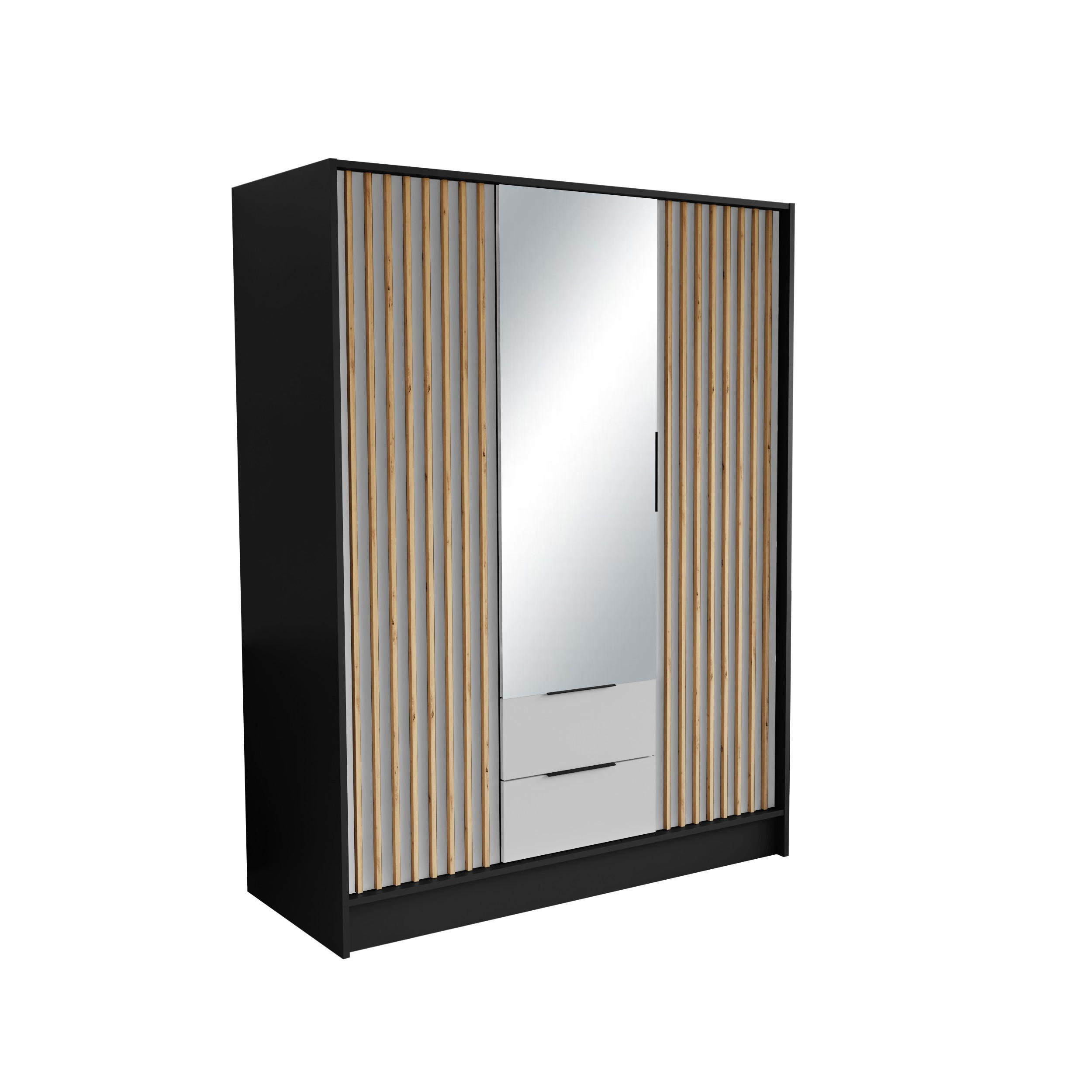 DREHTÜRENSCHRANK PELOR 150,5/200/51 cm Modern Kleiderschrank 3-türig mit Spiegel Schwarz - Schwarz/Weiß, Holzwerkstoff (150.5/200/51cm) - MASSENO