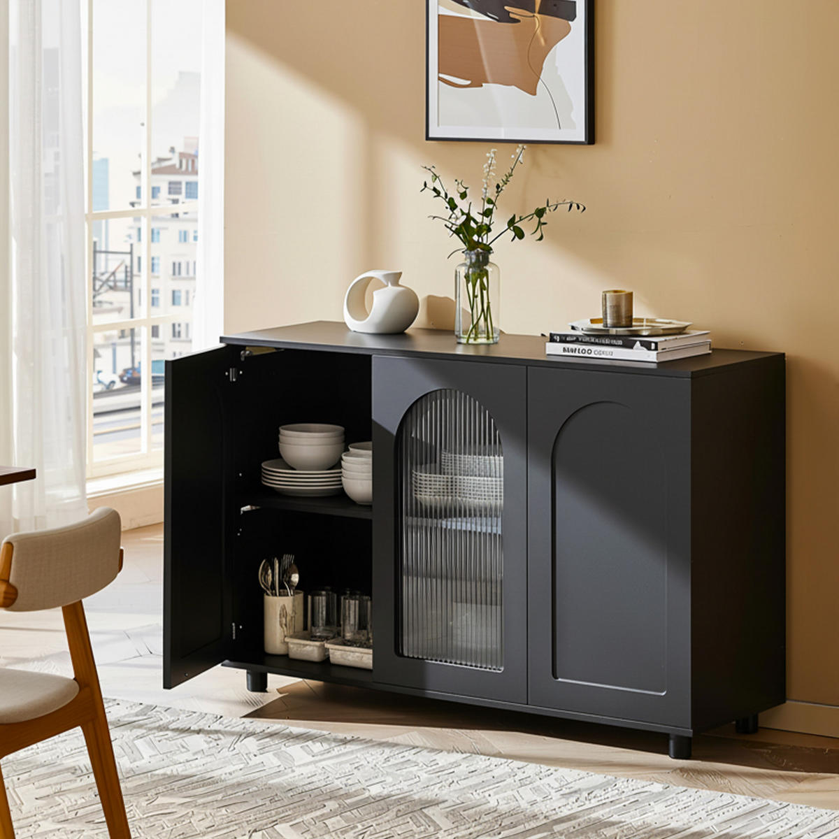SIDEBOARD 120 cm Schwarz MDF mit Glastür, Push-to-Open und verstellbaren Regalen - Schwarz, Holzwerkstoff (120/78.5/40cm) - Urban Meuble