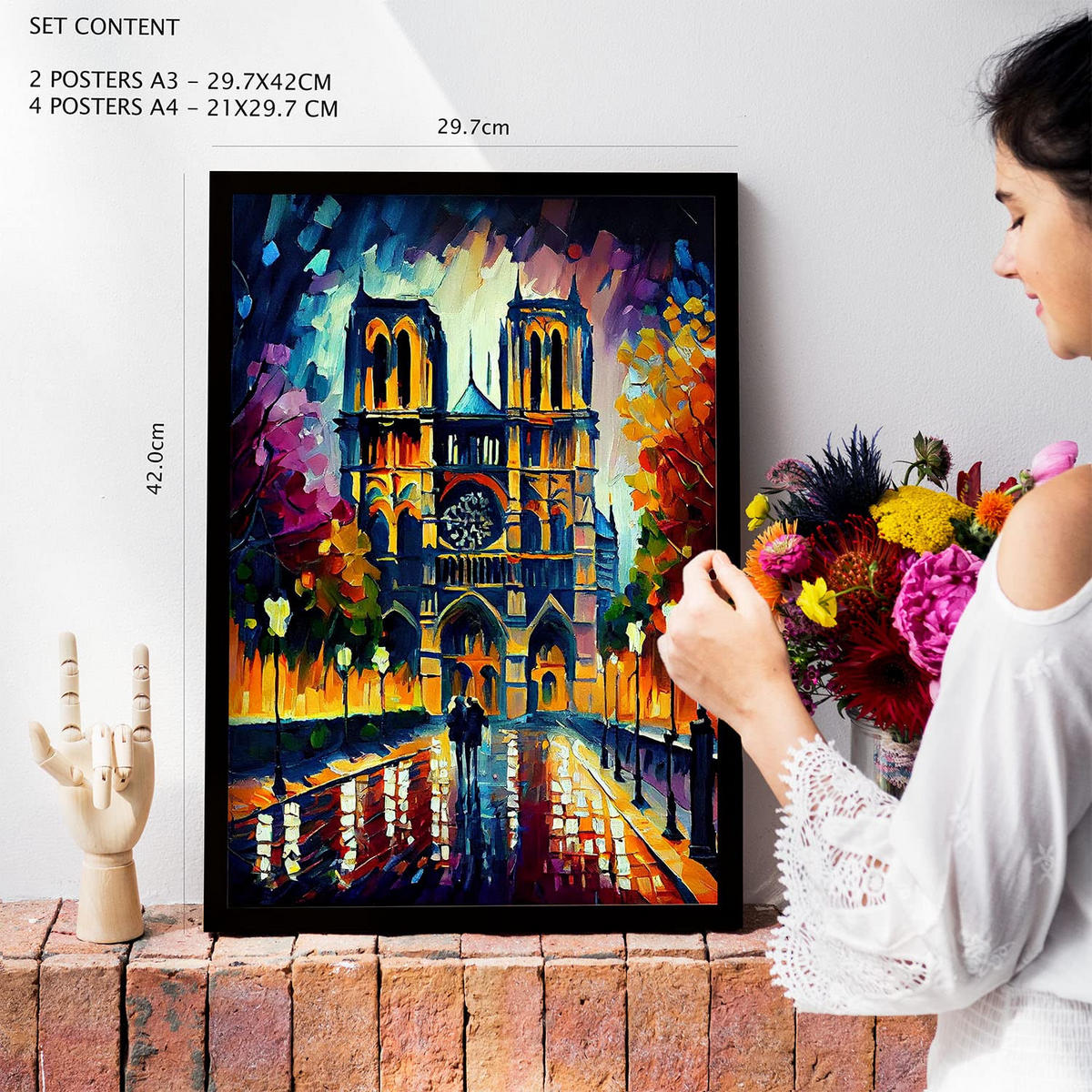 POSTER Set Mit 6 Linear Im Ölgemälde Stil A3 & A4 Rahmen Aus Hellem Holz - Beige, Papier (29/3cm) - Nacnic