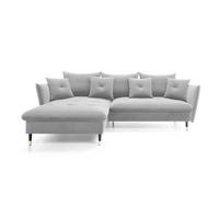 ECKSOFA GLAM mit Schlaffunktion, Ottomane & goldenen Füßen – Samtsofa im Glamour-Stil mit Zierkissen, 258x167x91cm, Linke, HELL GRAU - Hellgrau, Holz/Textil (167/258cm) - DomoHome