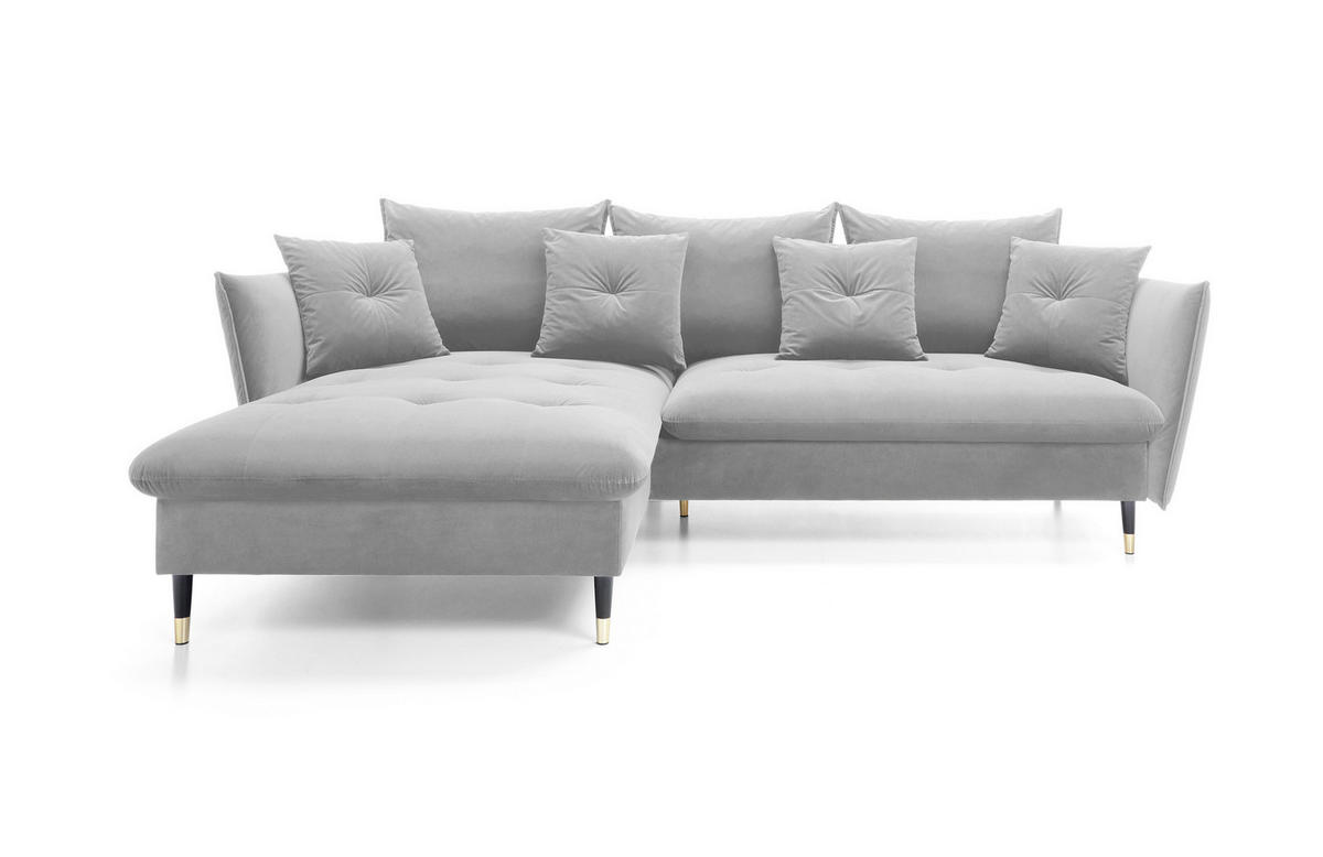 ECKSOFA GLAM mit Schlaffunktion, Ottomane & goldenen Füßen – Samtsofa im Glamour-Stil mit Zierkissen, 258x167x91cm, Linke, HELL GRAU - Hellgrau, Holz/Textil (167/258cm) - DomoHome