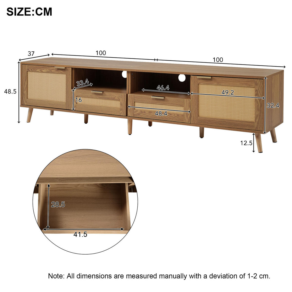 TV-MÖBEL aus Rattangeflecht Beine aus Massivholz 200/37/49cm - Eichefarben, Holz (37/49/200cm) - Urban Meuble