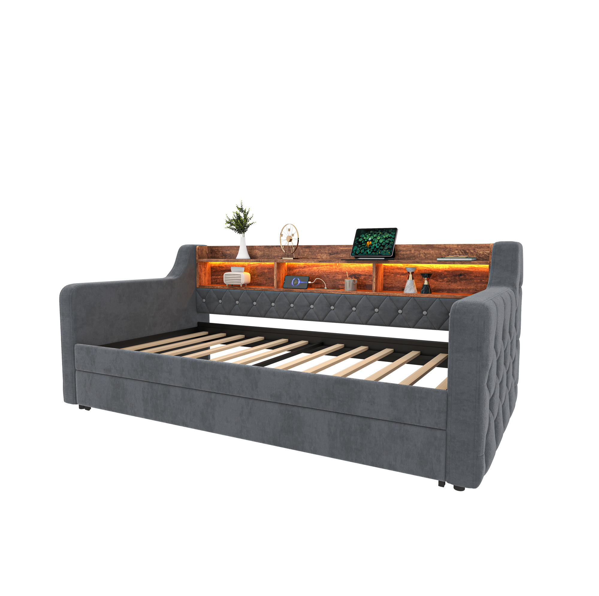 POLSTERBETT 90/180x190 cm aus Samt in Dunkelgrau mit LED und USB- und Type-C-Anschlüssen - Dunkelgrau, Textil (90/190cm) - Flora Grace