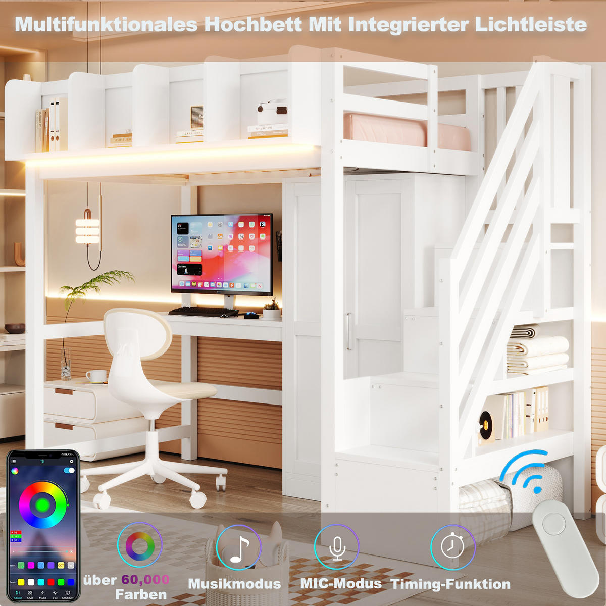 HOCHBETT 90/200 cm in Weiß mit Schreibtisch, Kleiderschrank, Regalen, Leiter mit Stauraum, LED und Steckdosen aus Holz - Weiß, Holzwerkstoff (90/200cm) - STILVORA