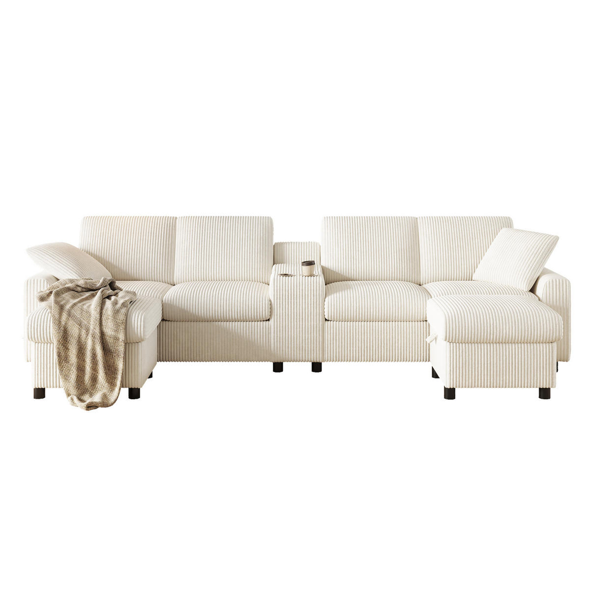2-SITZER aus Corduroy 315x135x81 cm Beige mit Hockern, Stauraum, Tisch und Ladefunktion - Beige, Textil (135/81/315cm) - Modfu