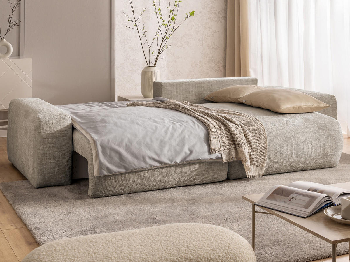 ECKSOFA Puffy mit Schlaffunktion und Bettkasten - besonders weich und puffig aus Dunkelbeige Chenille-Stoff - Ottomane rechts - Beige/Schwarz, Holz/Kunststoff (266/138cm) - S-Style Möbel