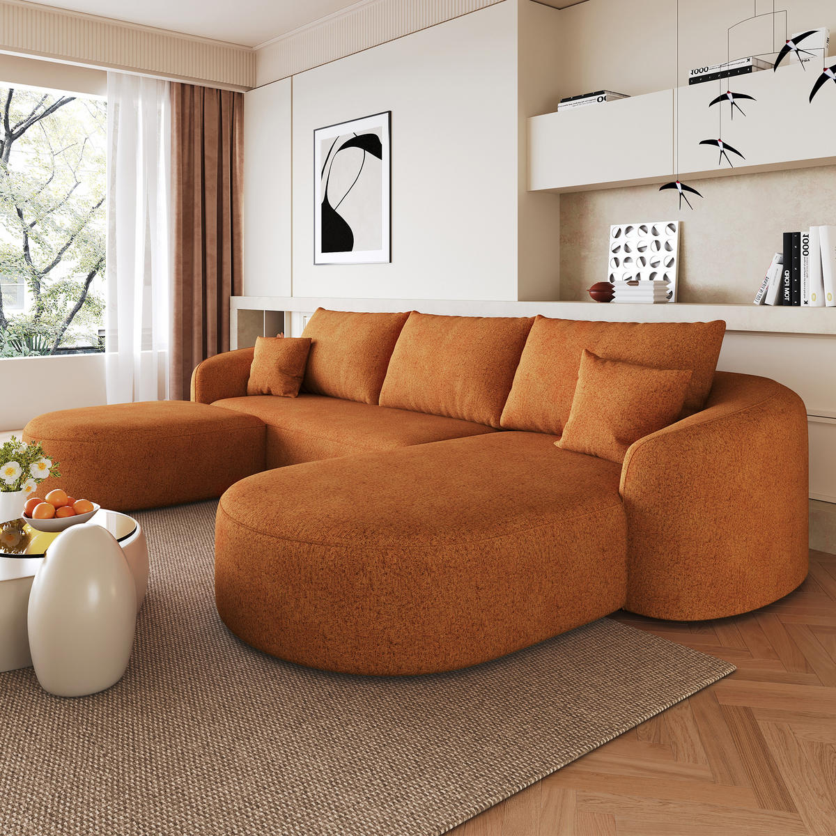 WOHNLANDSCHAFT Rechts, U-Form 266 cm ohne Montage, DE-34817, Orange - Orange, Textil (336/85/168cm) - ComfortXL