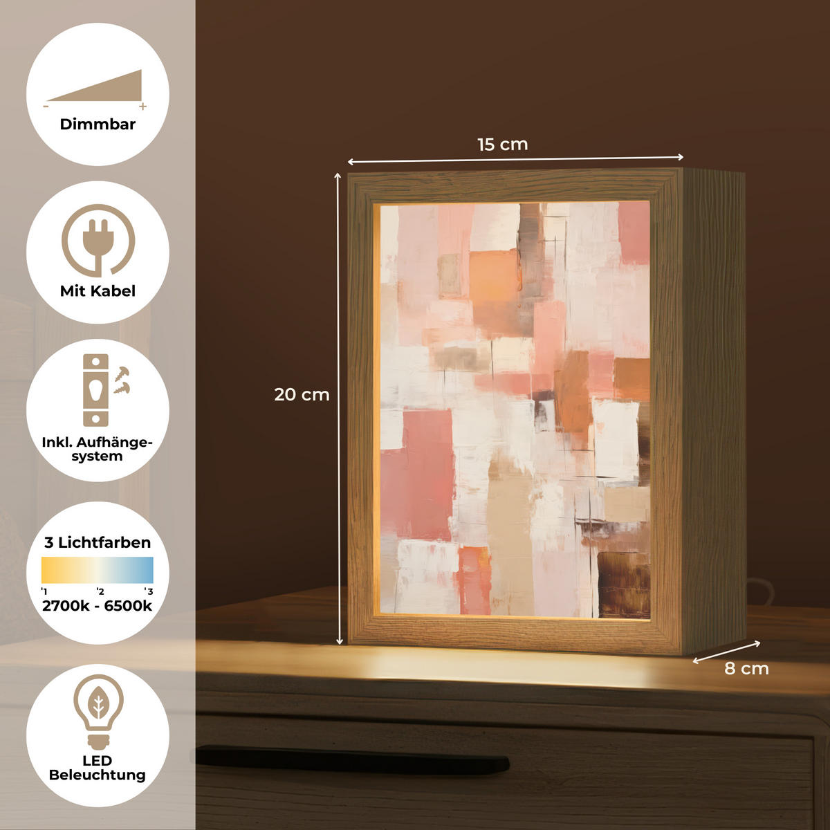 STOLNÍ LAMPA Umění - Růžová - Abstraktní 15x20 cm - šedohnědá, kompozitní dřevo (8/15/20cm) - OnlyWow