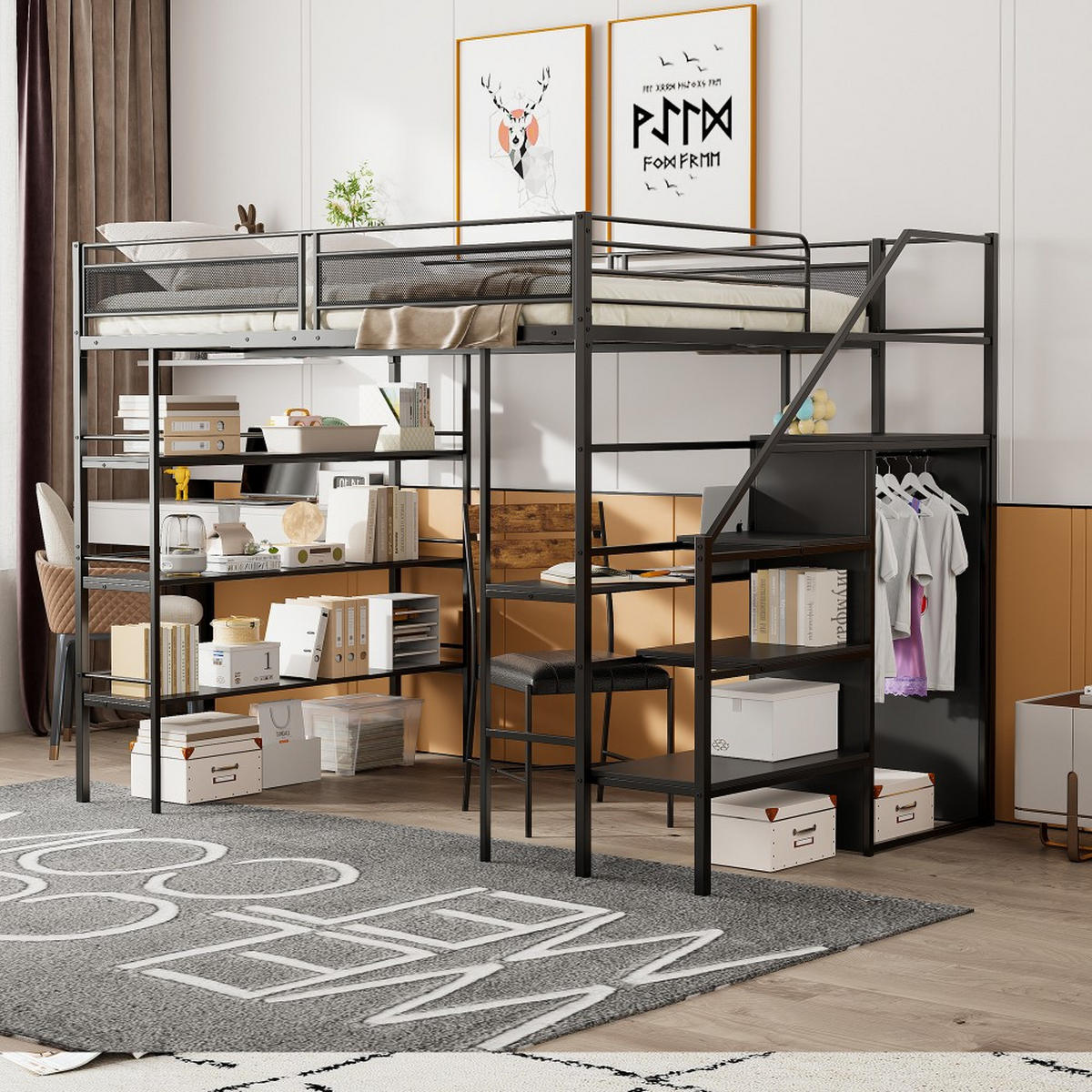 HOCHBETT 140x 200cm mit Schreibtisch in Schwarz - Schwarz, Metall (140/200cm) - KOMHTOM