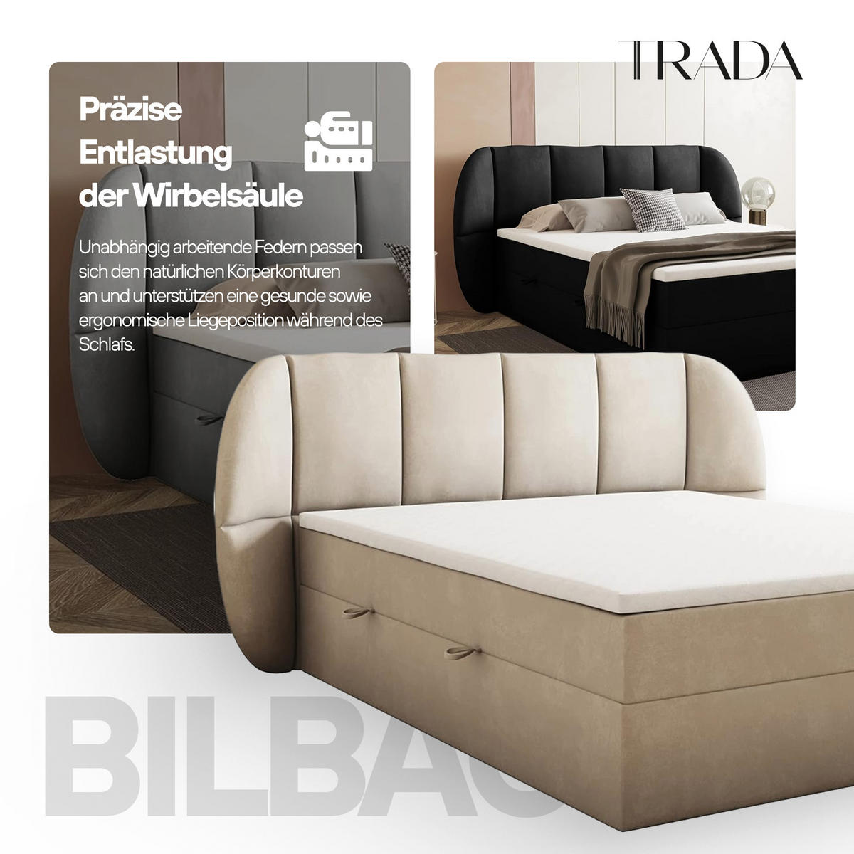 BOXBETT 160x200 cm, BILBAO, Elegant dekoratives Kopfteil, Mit Bettkasten und Taschenmatratze, Schwarz - Schwarz, Holzwerkstoff/Kunststoff (160/200cm) - Trada
