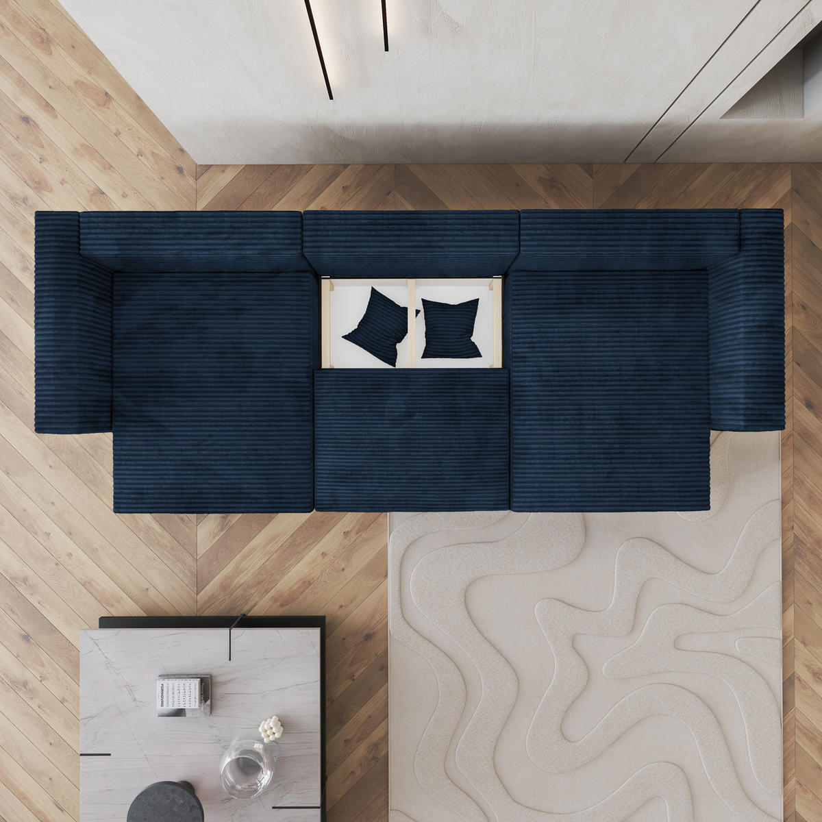 WOHNLANDSCHAFT SARMO Blau Kordstoff mit Schlaffunktion - Blau, Holz (347/90/148cm) - MASSENO